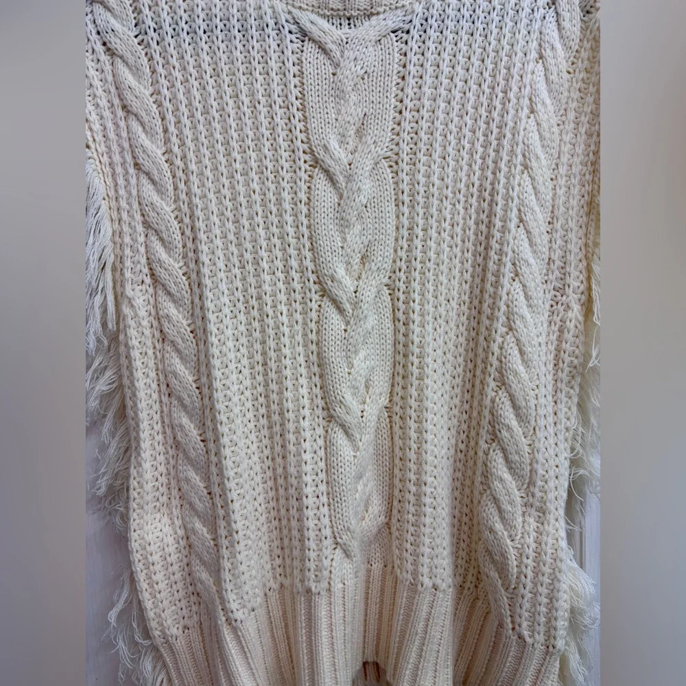 SAGE THE LABEL Fringed Cable-Knit Turtleneck Sweater in Ivory/Cream - SIZE M - Picture 8 of 16